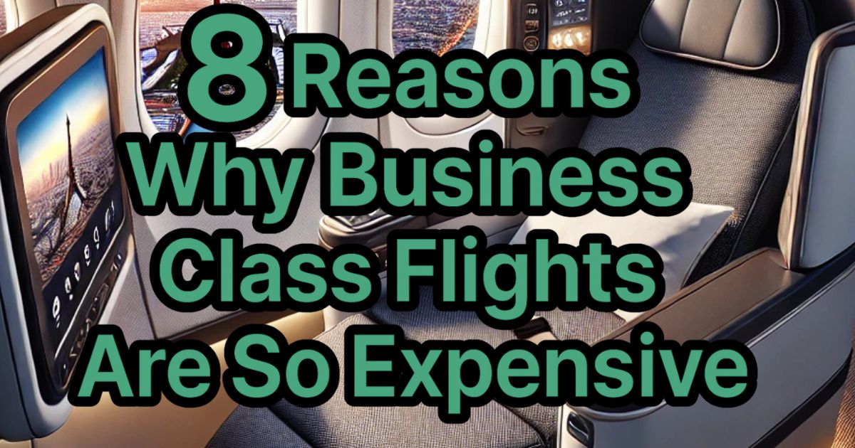 business class seat in background with text over 8 Reasons Why Business Class Flights Are So Expensive